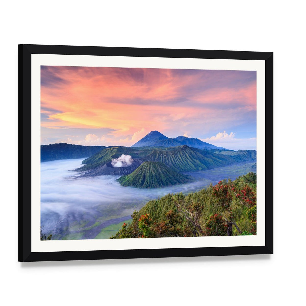 Bromo Volcano Sunrise Over Misty Craters Canvas Wall Art, framed print with white mat and black frame, angled product view