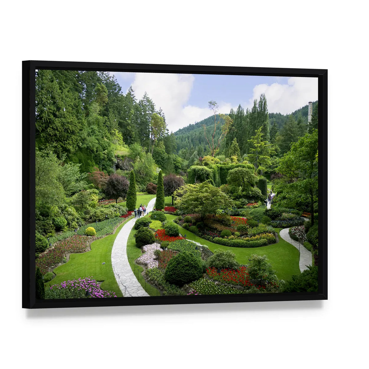Beautiful Butchart Garden Canvas Wall Art, framed canvas in a black floater frame, angled product view
