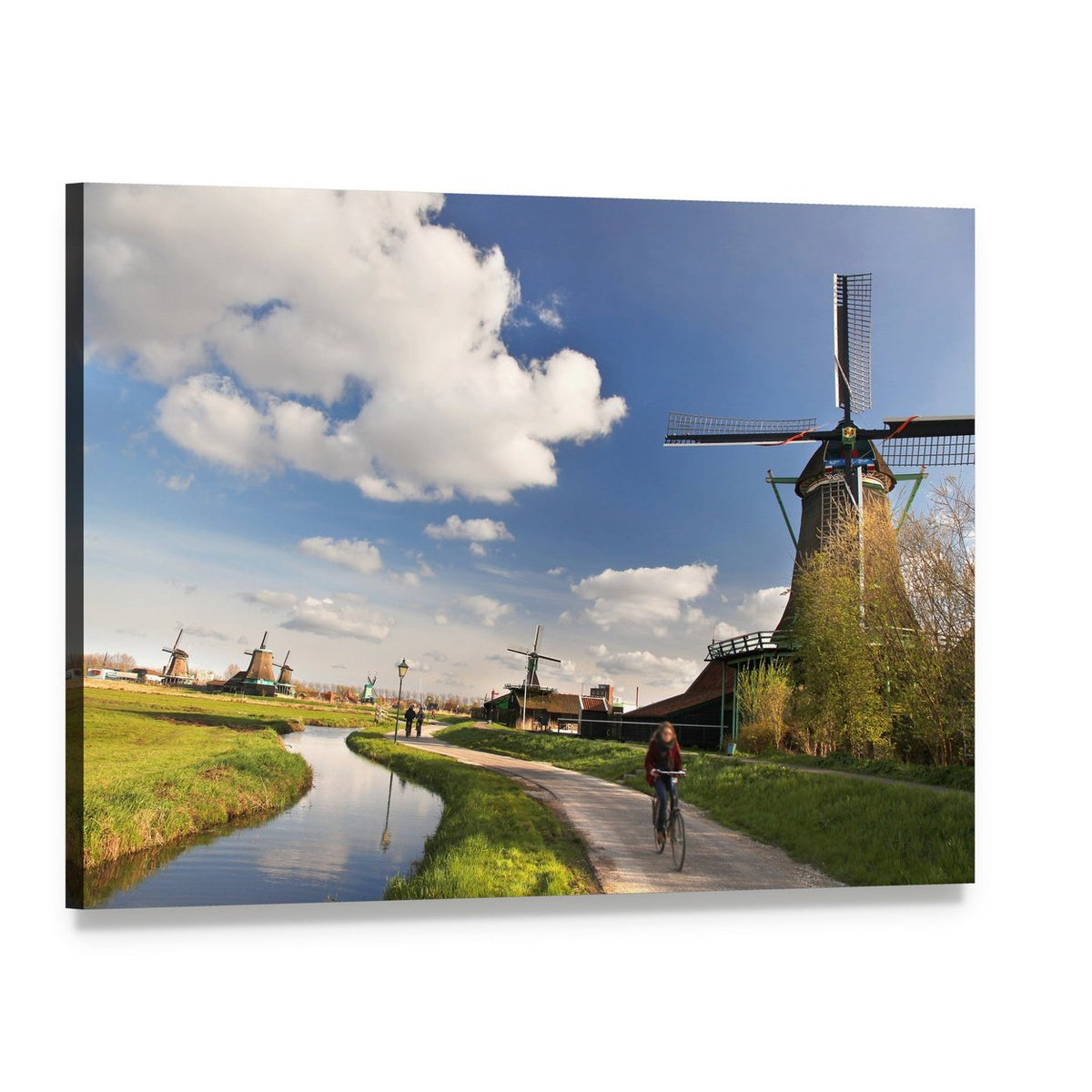 Dutch Windmills by Canal in Amsterdam Canvas Wall Art, single panel gallery wrapped canvas, angled product view