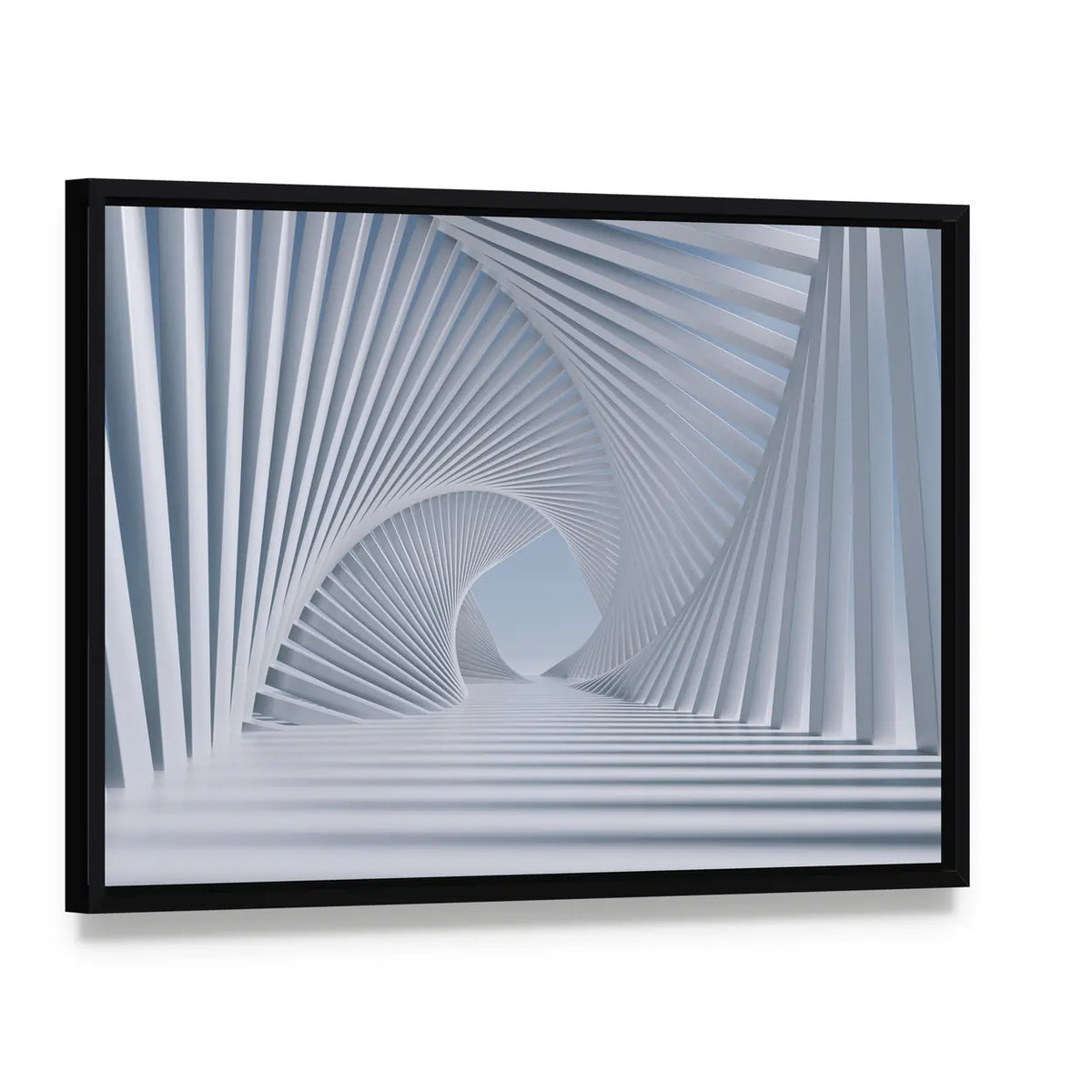 3d Spiral Tunnel Canvas Wall Art, framed canvas in a black floater frame, angled product view