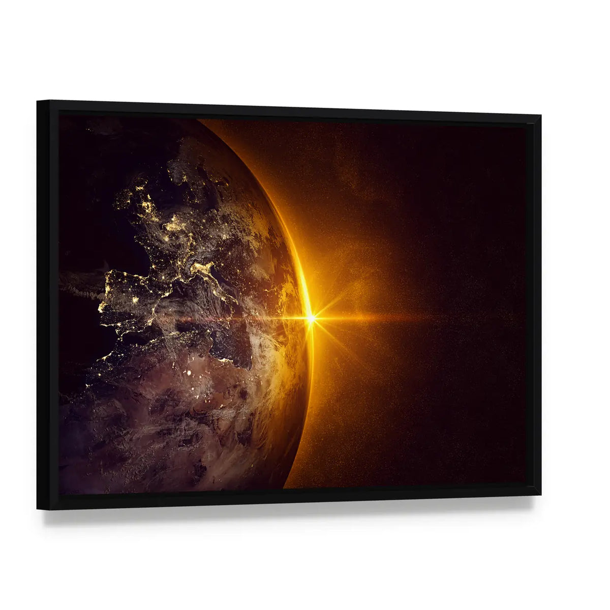 Sunrise on Planet Earth Canvas Wall Art, framed canvas in a black floater frame, angled product view