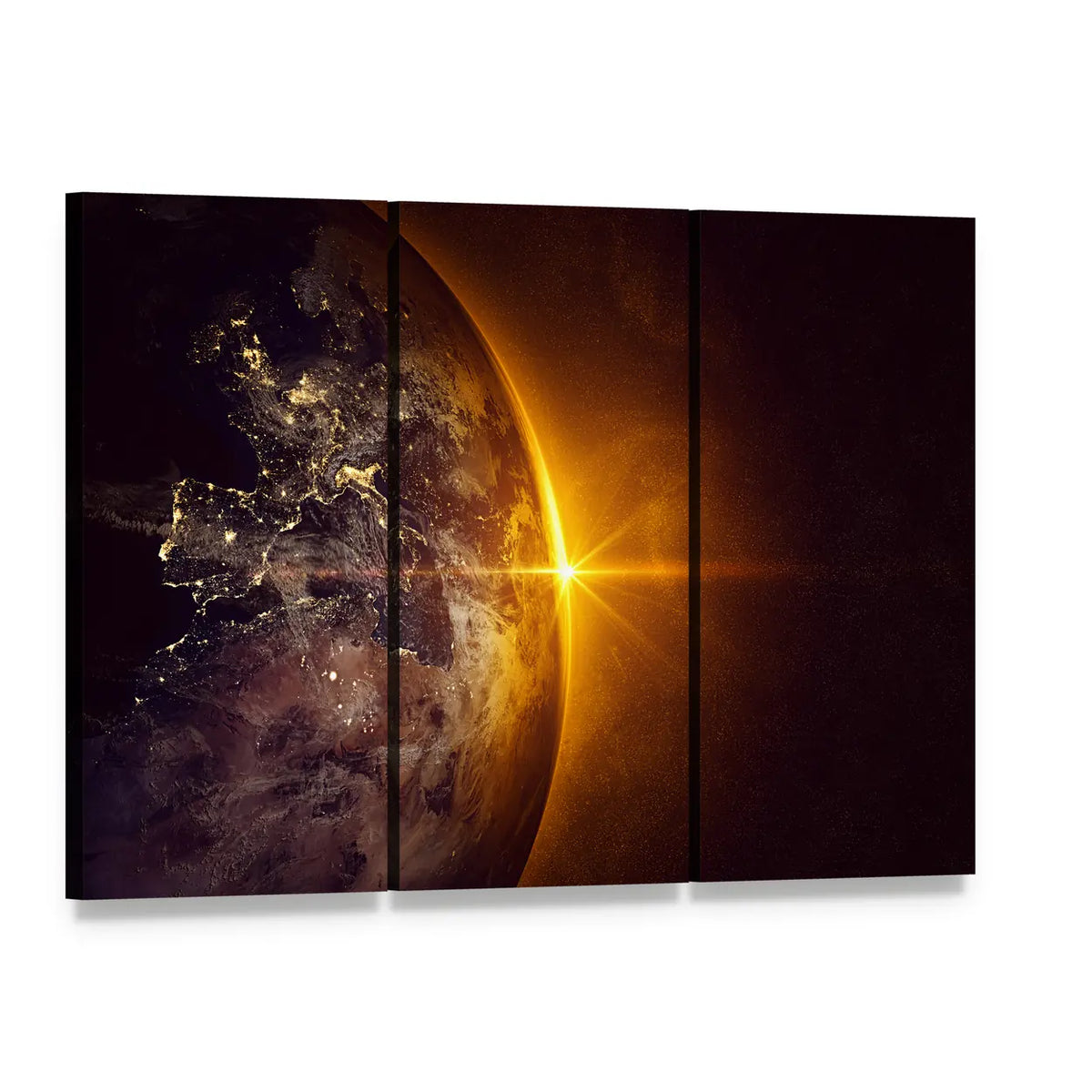 Sunrise on Planet Earth Canvas Wall Art, 3 panel 3 Horizontal layout gallery wrapped canvas set, angled product view