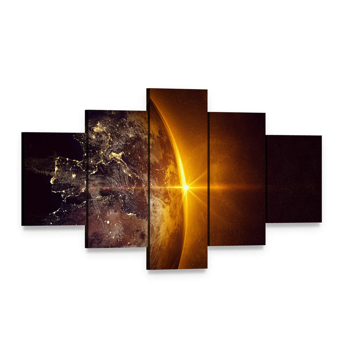 Sunrise on Planet Earth Canvas Wall Art, 5 panel 5 Star layout gallery wrapped canvas set, angled product view