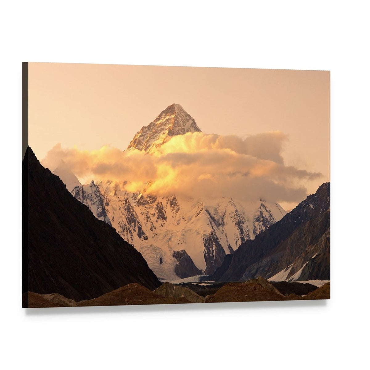 Sunset Over K2 Mountain Canvas Wall Art, single panel gallery wrapped canvas, angled product view