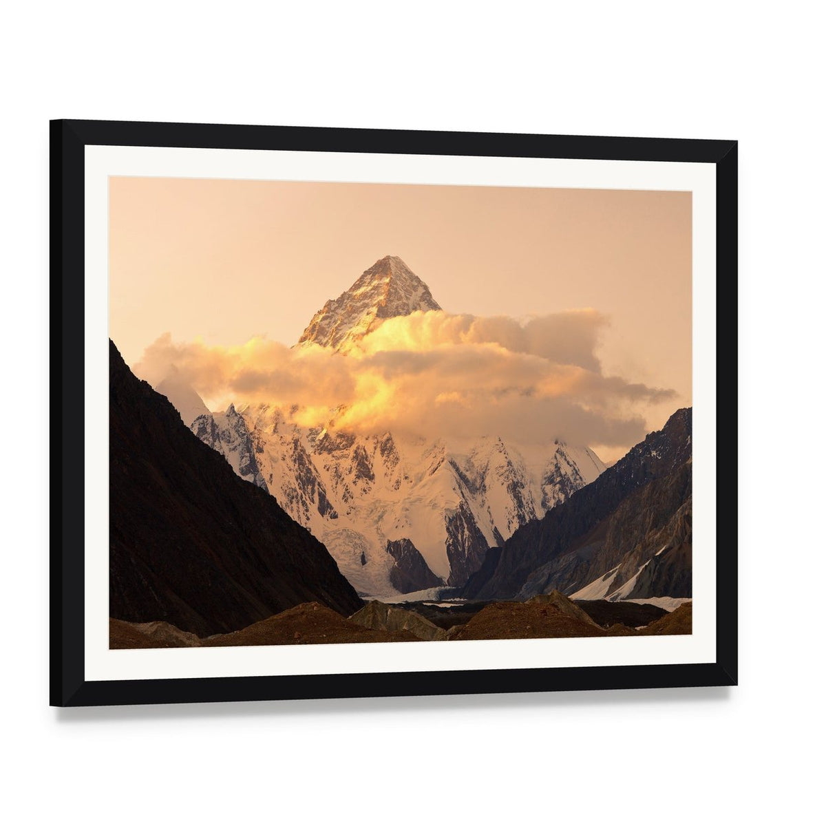 Sunset Over K2 Mountain Canvas Wall Art, framed print with white mat and black frame, angled product view