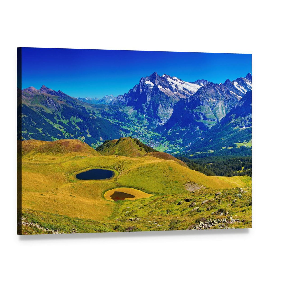 Swiss Alps Summer Landscape Canvas Wall Art, single panel gallery wrapped canvas, angled product view