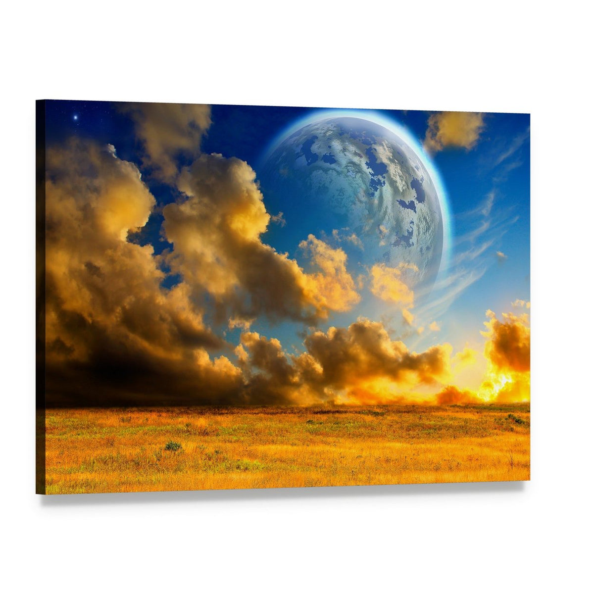 Large Planet Over Golden Field Canvas Wall Art, single panel gallery wrapped canvas, angled product view