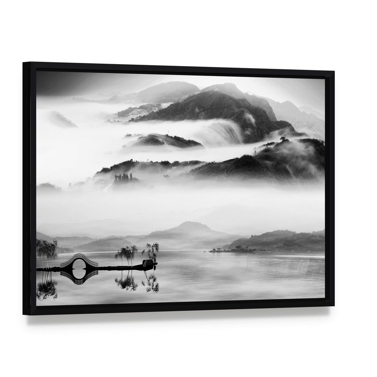 Chinese Landscape Painting Canvas Wall Art, framed canvas in a black floater frame, angled product view