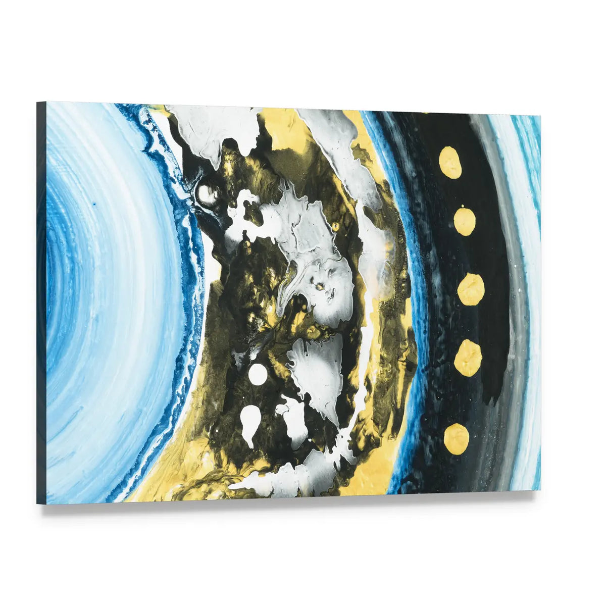 Blue and Black Abstract with Gold Dots Canvas Wall Art, single panel gallery wrapped canvas, angled product view