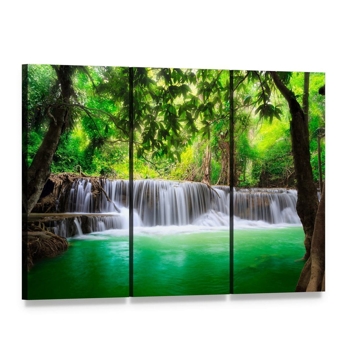 Serene Waterfall in Kanjanaburi Canvas Wall Art, 3 panel 3 Horizontal layout gallery wrapped canvas set, angled product view