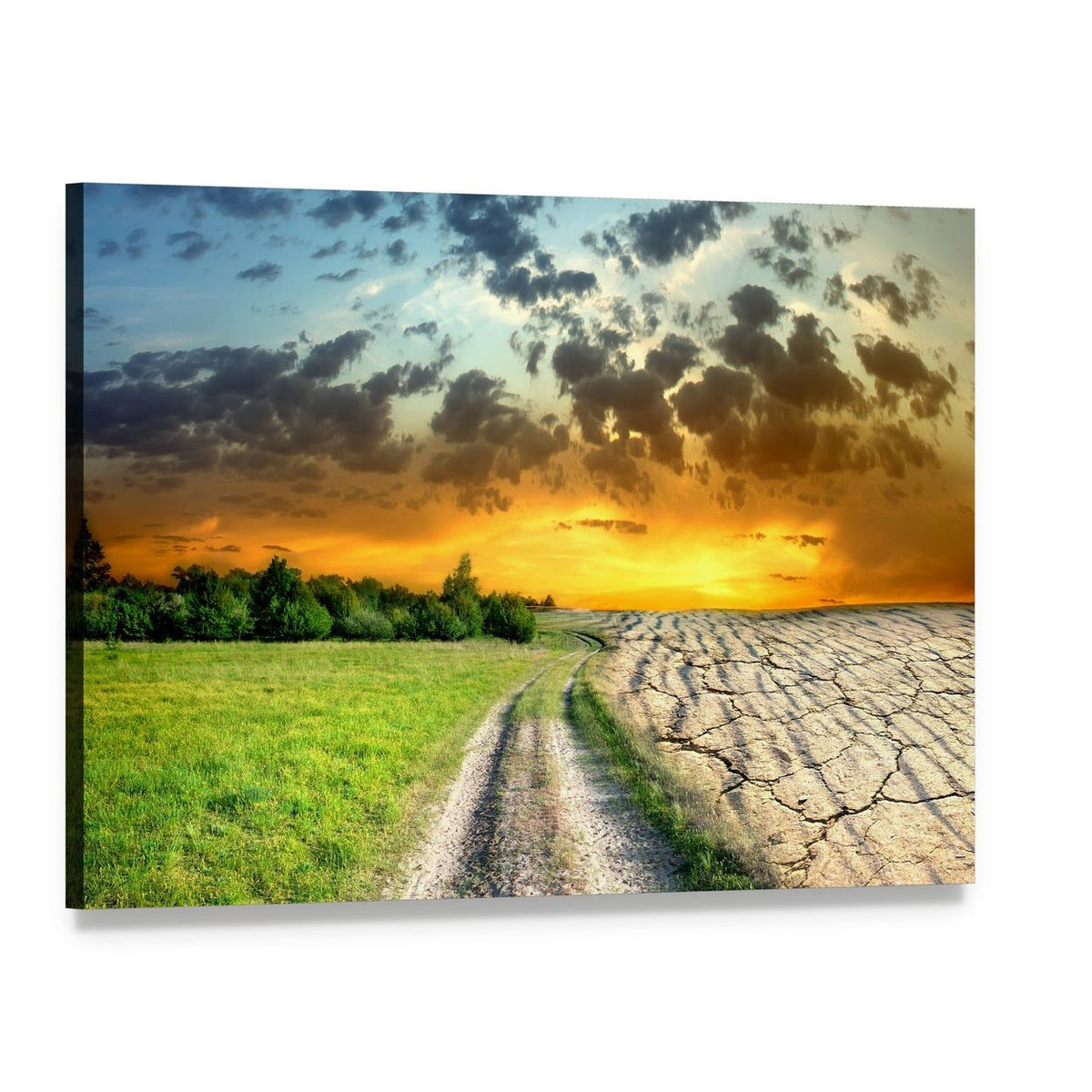 Global Warming Landscape with Sunset Canvas Wall Art, single panel gallery wrapped canvas, angled product view