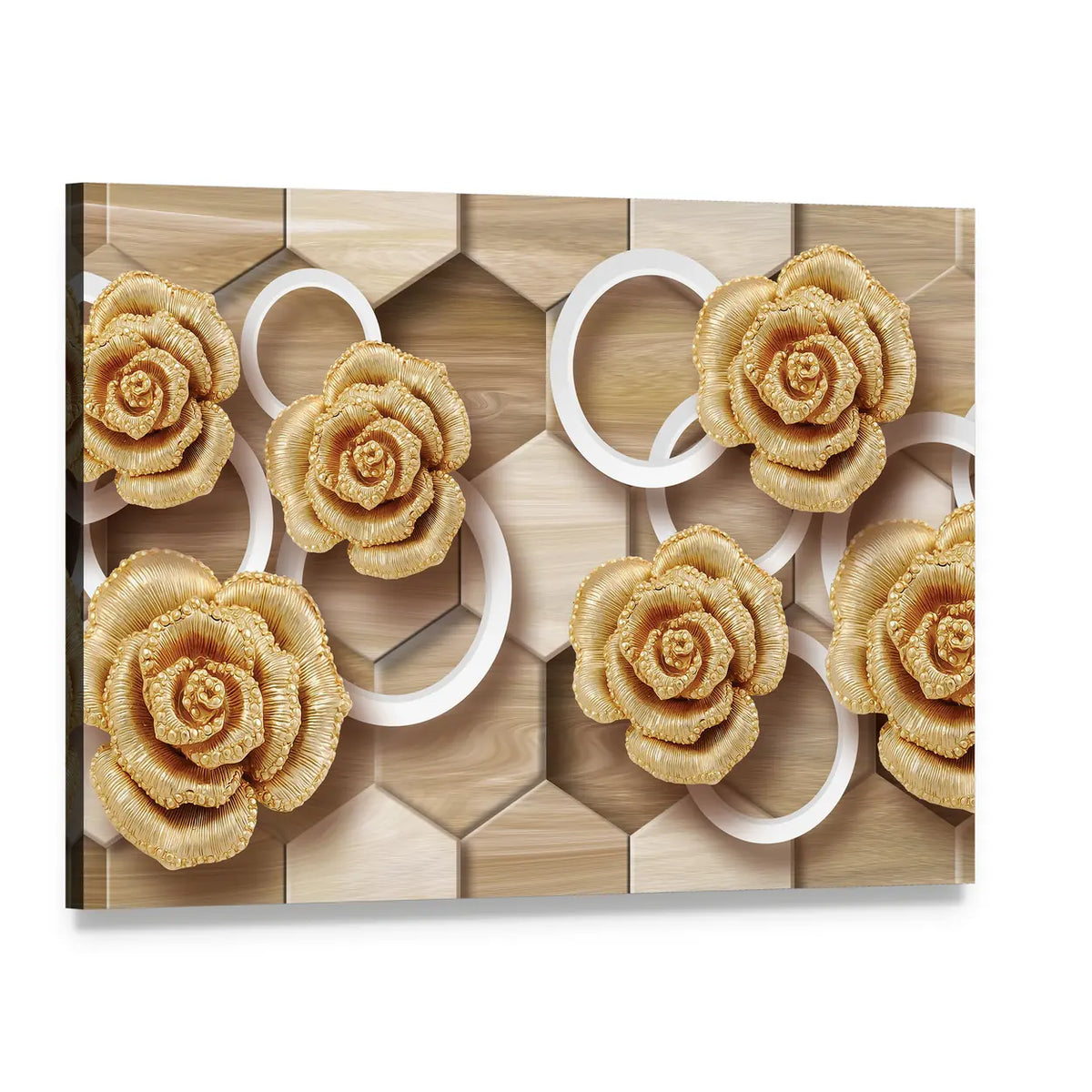Golden Roses with Floating Rings and Hexagons Canvas Wall Art, single panel gallery wrapped canvas, angled product view