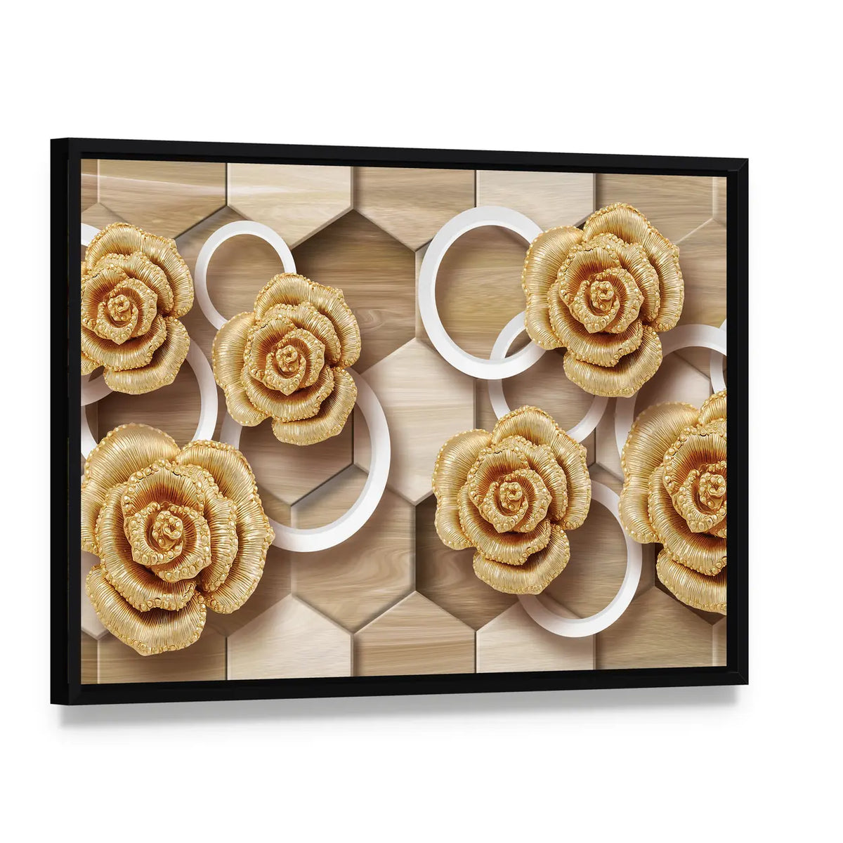 Golden Roses with Floating Rings and Hexagons Canvas Wall Art, framed canvas in a black floater frame, angled product view