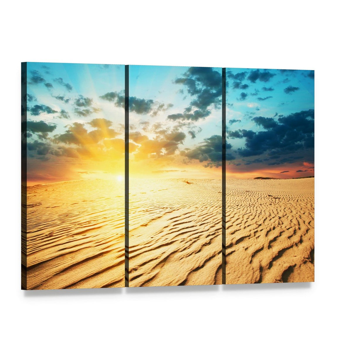 Desert Dunes Under a Red Sunset Canvas Wall Art, 3 panel 3 Horizontal layout gallery wrapped canvas set, angled product view