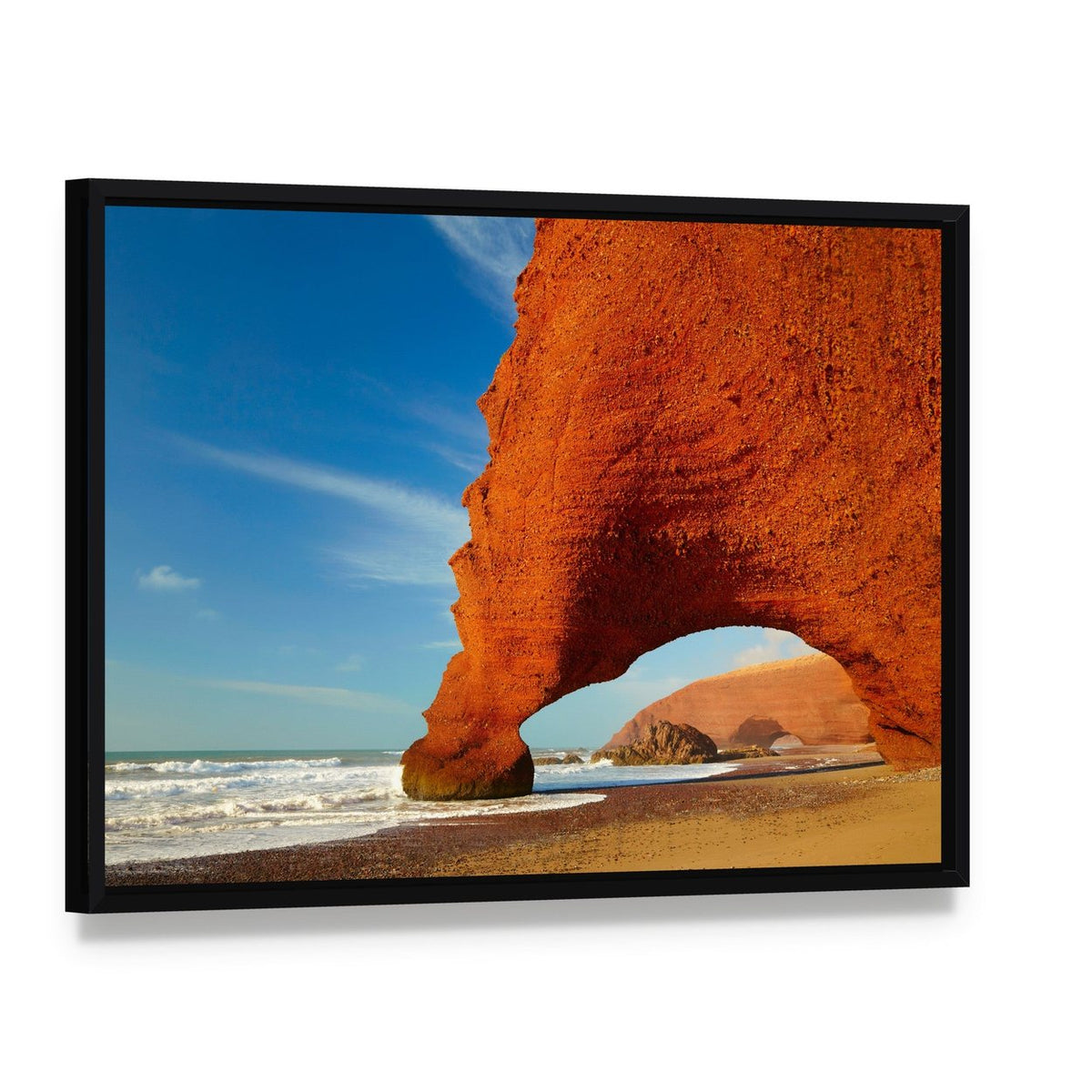 Orange Rock Arch on Atlantic Coast Canvas Wall Art, framed canvas in a black floater frame, angled product view