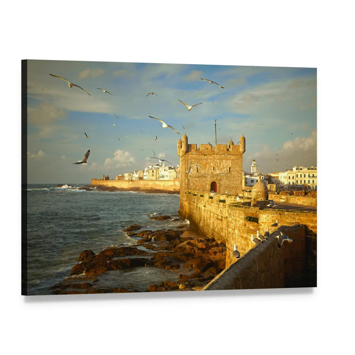Essaouira Fortress at Golden Hour Canvas Wall Art, single panel gallery wrapped canvas, angled product view