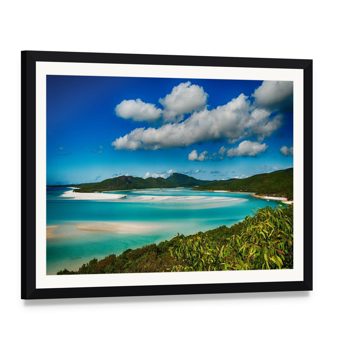 Whitehaven Beach Lagoon Canvas Wall Art, framed print with white mat and black frame, angled product view