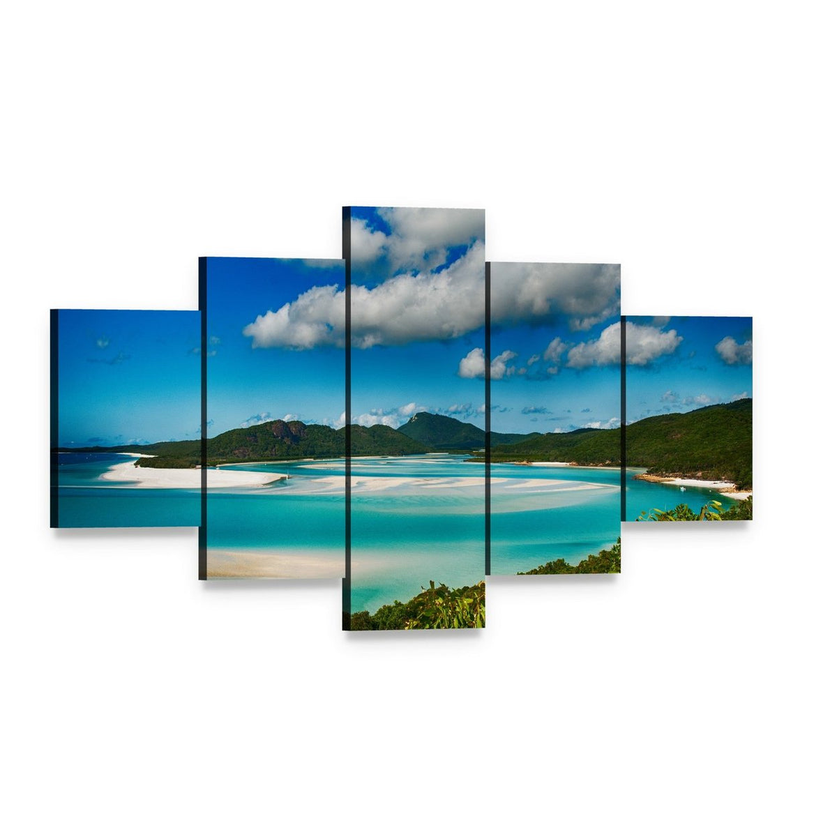 Whitehaven Beach Lagoon Canvas Wall Art, 5 panel 5 Star layout gallery wrapped canvas set, angled product view