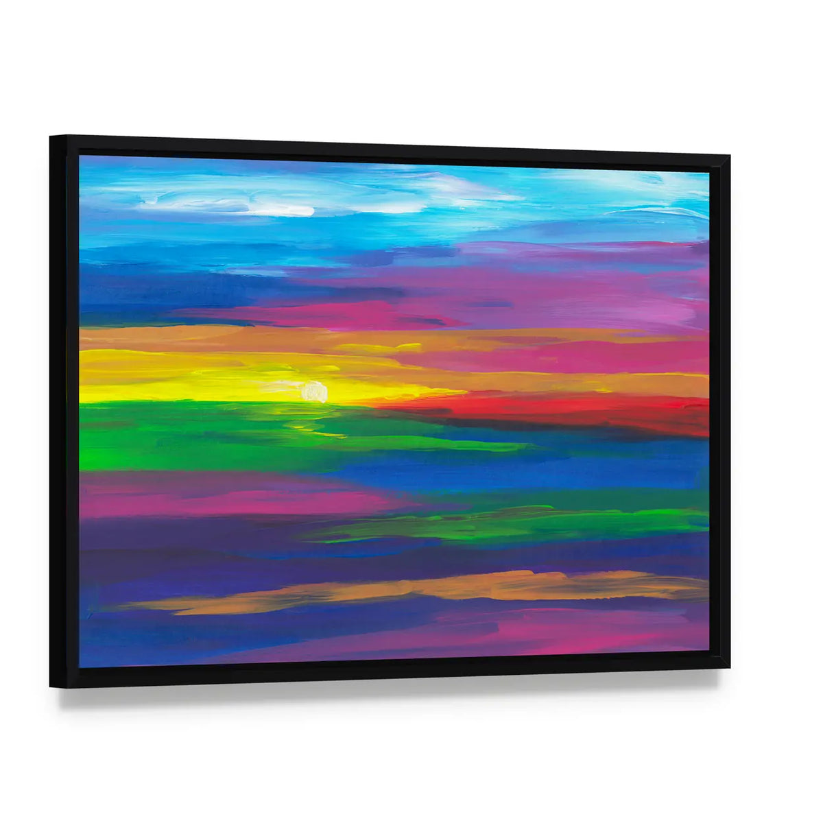 Abstract Sunset Landscape with Impasto Sun Canvas Wall Art, framed canvas in a black floater frame, angled product view