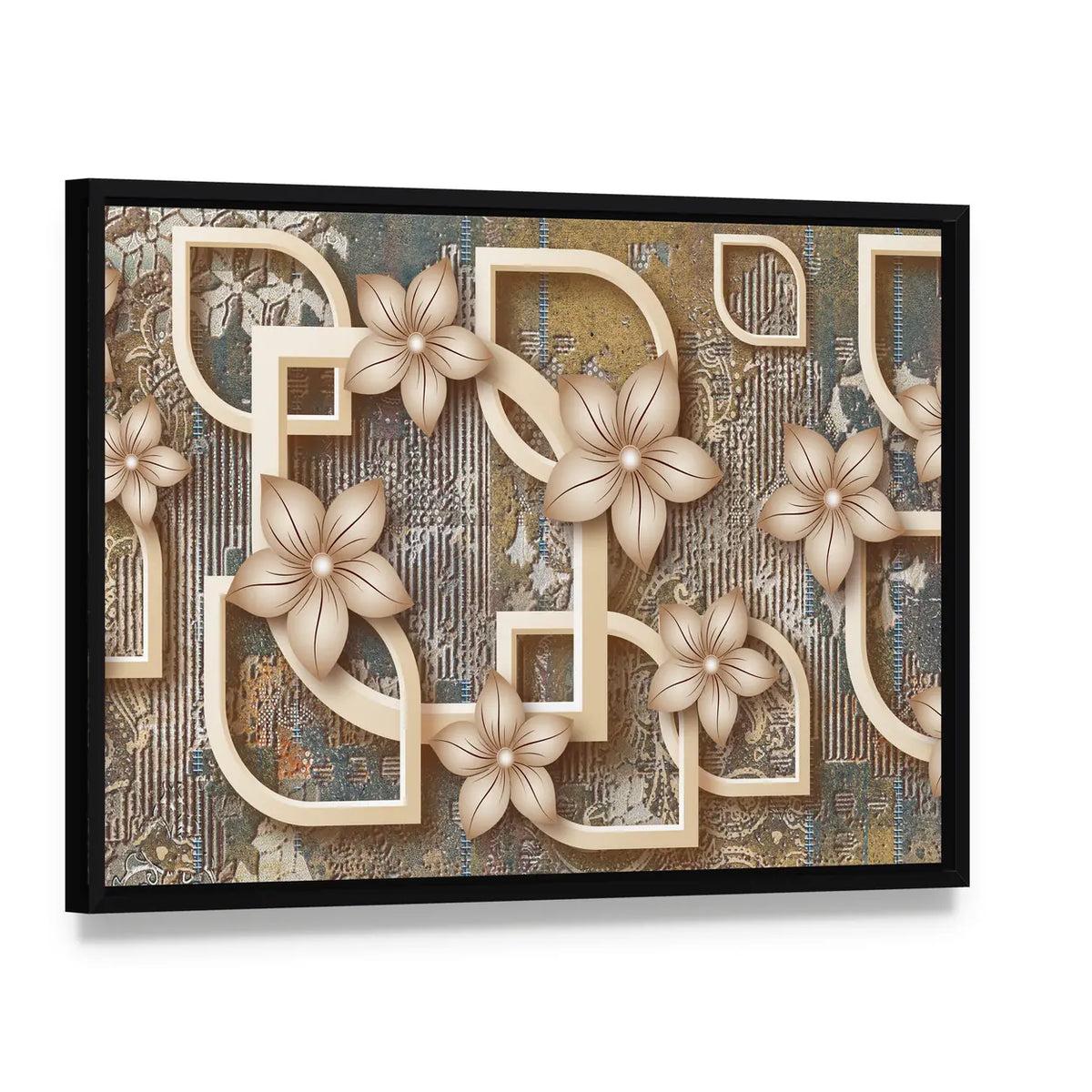 Gold Five-petal Floral Geometric Canvas Wall Art, framed canvas in a black floater frame, angled product view