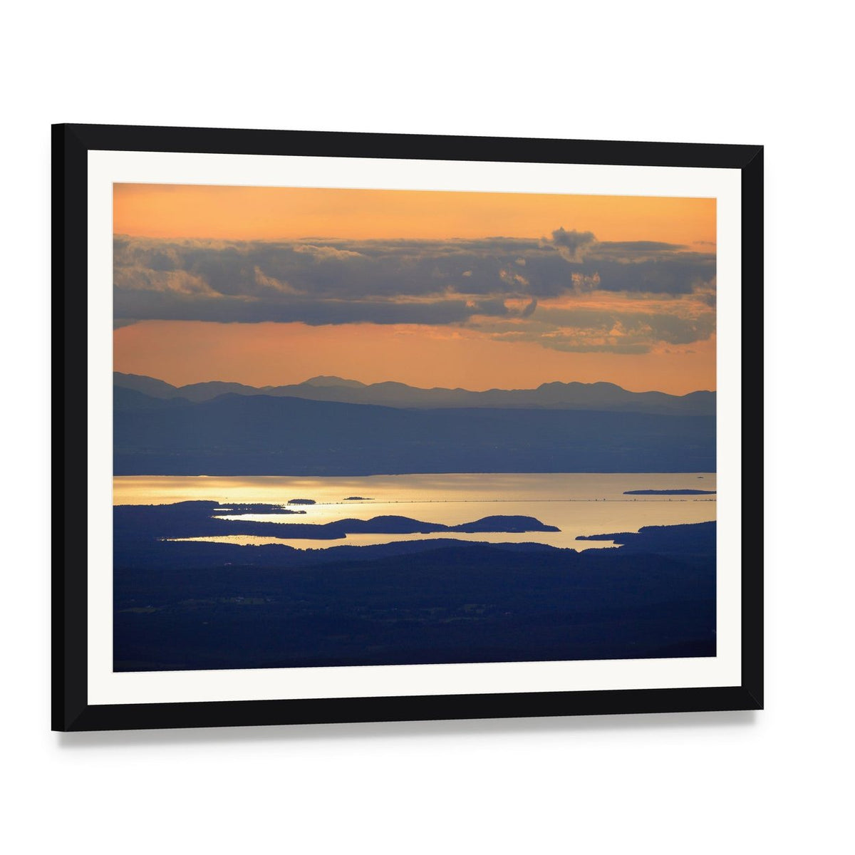 Lake Champlain Sunset Canvas Wall Art, framed print with white mat and black frame, angled product view