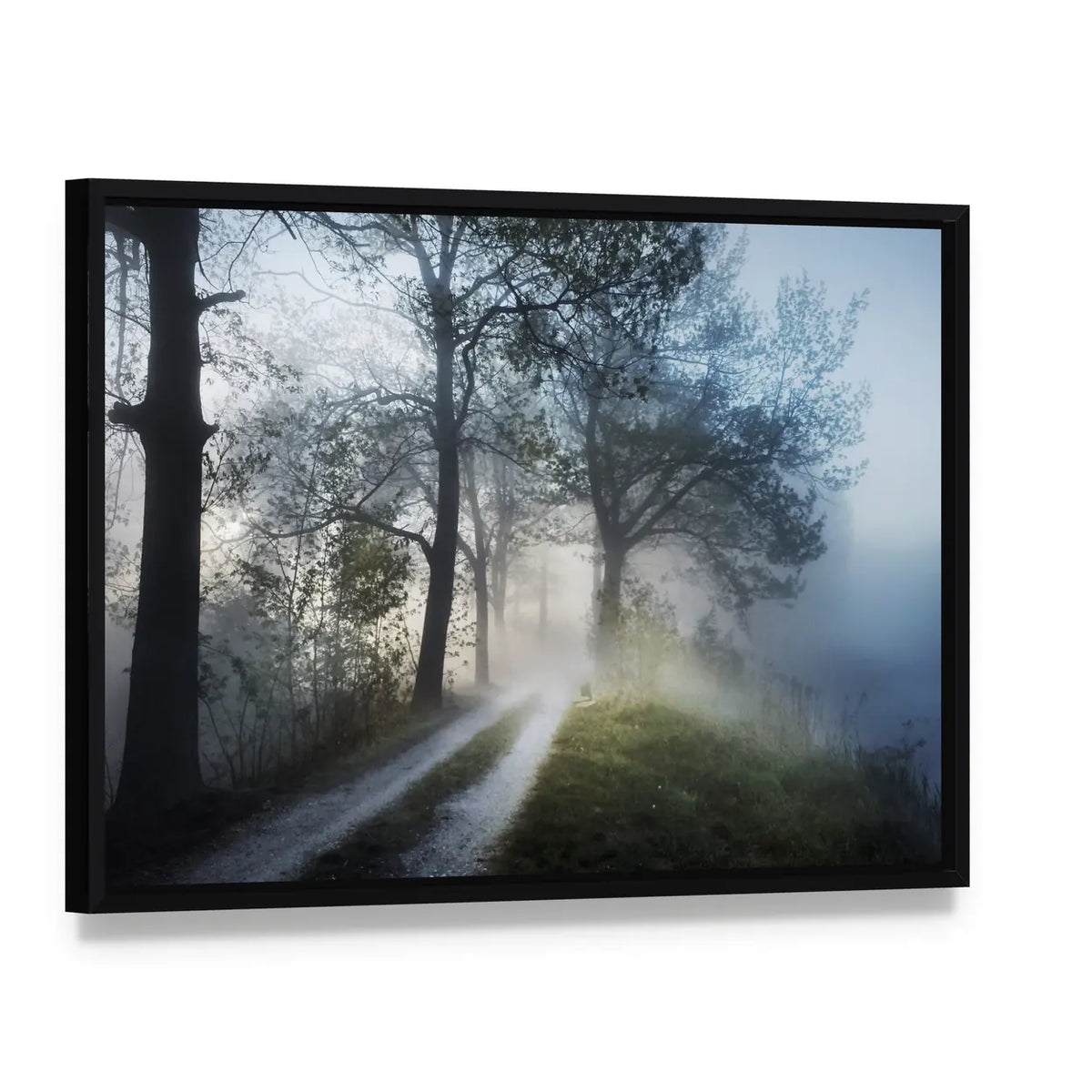 Foggy Forest Path at Sunrise Canvas Wall Art, framed canvas in a black floater frame, angled product view