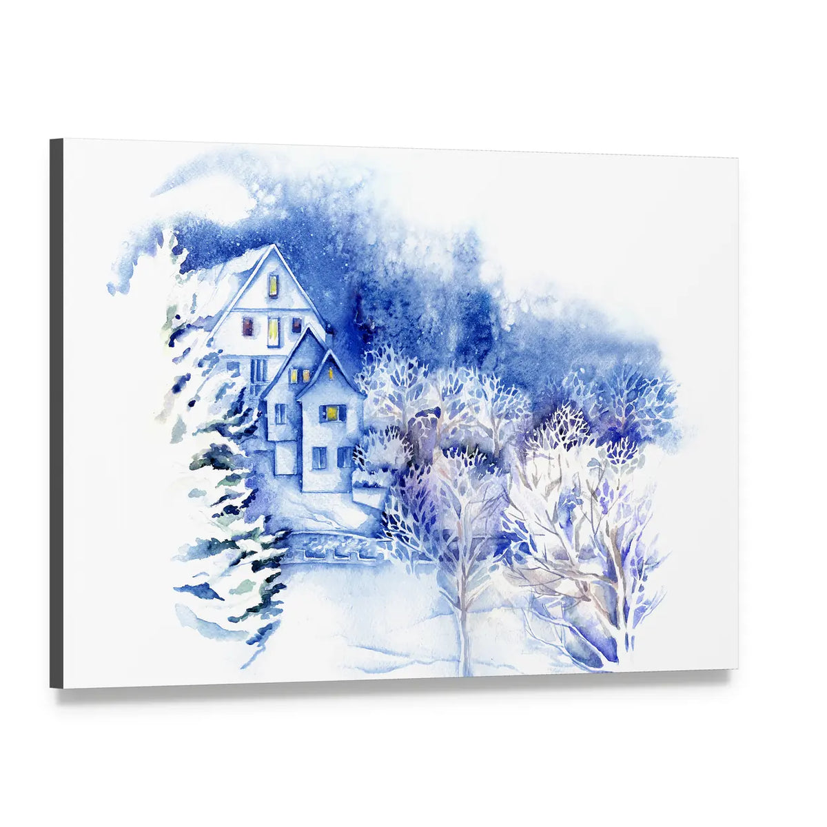 Snow-covered Houses Watercolor Landscape Canvas Wall Art, single panel gallery wrapped canvas, angled product view