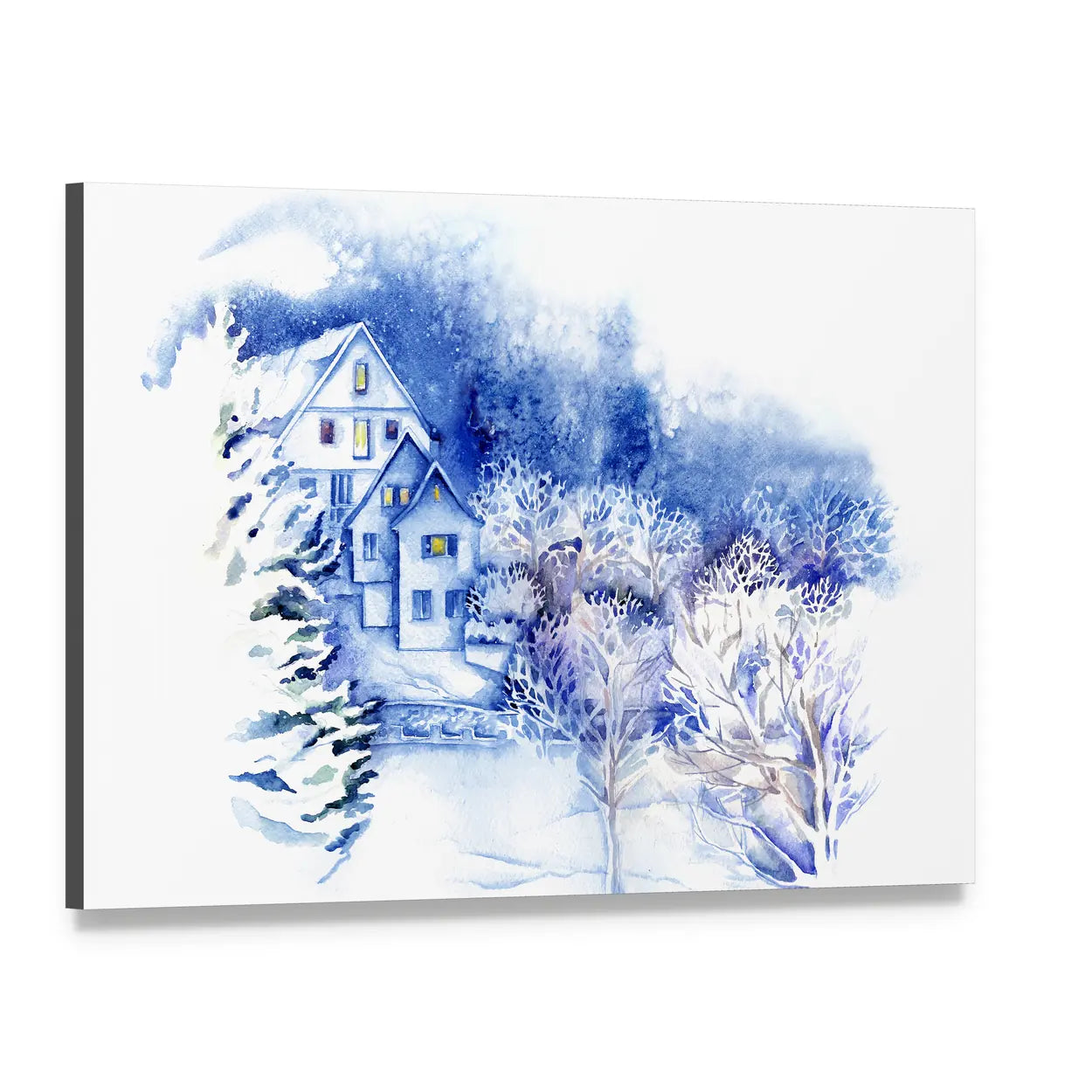 Snow-covered Houses Watercolor Landscape Canvas Wall Art, single panel gallery wrapped canvas, angled product view