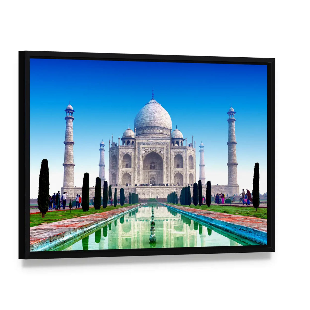 Majestic Taj Mahal Canvas Wall Art, framed canvas in a black floater frame, angled product view