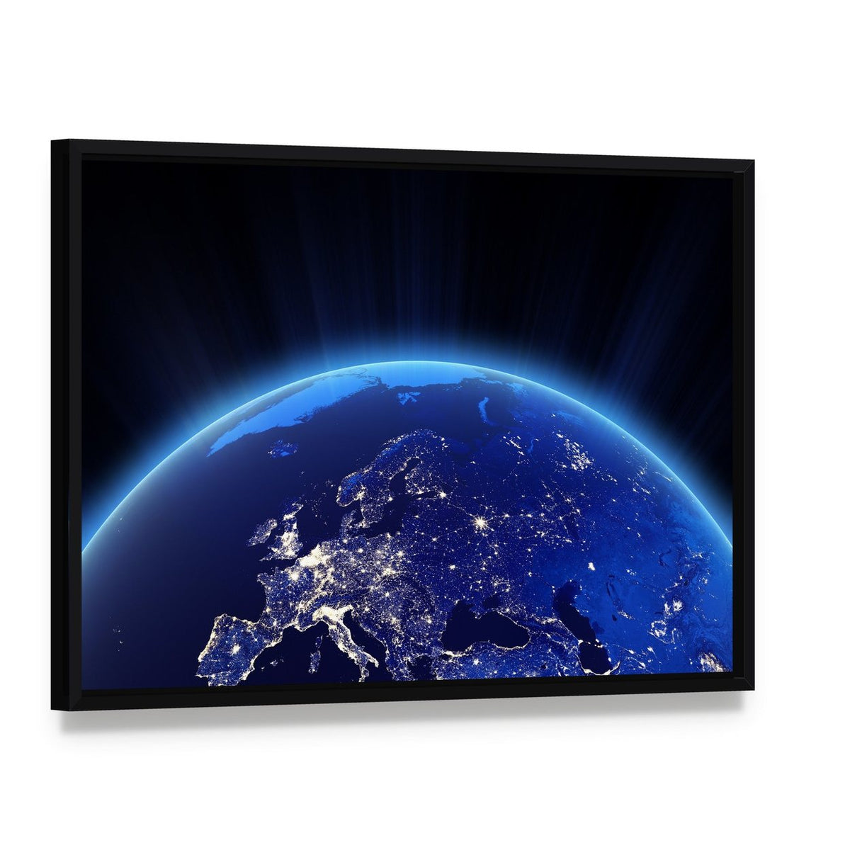 Europe from Space Canvas Wall Art, framed canvas in a black floater frame, angled product view