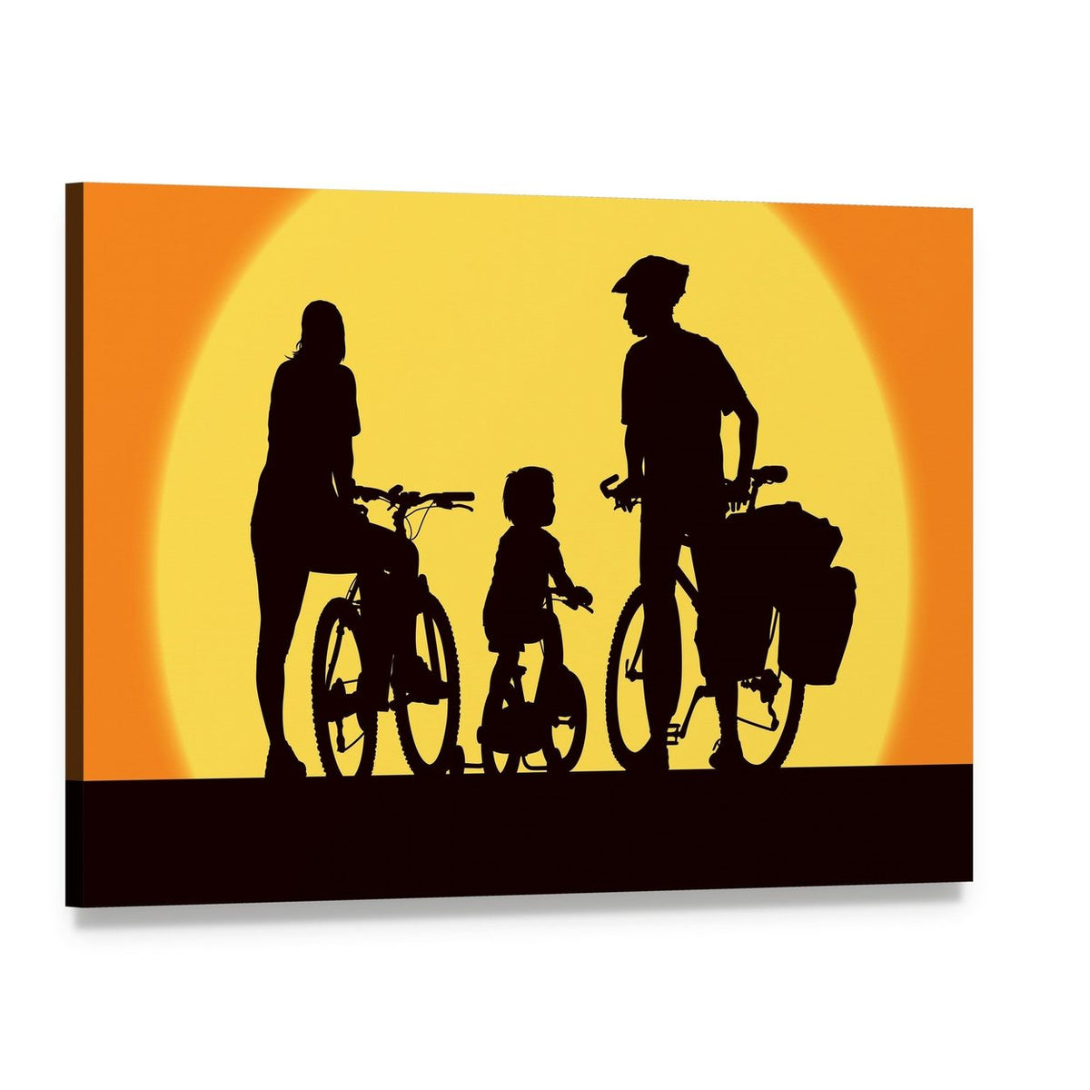 Parents and Child Cycling at Sunset Canvas Wall Art, single panel gallery wrapped canvas, angled product view