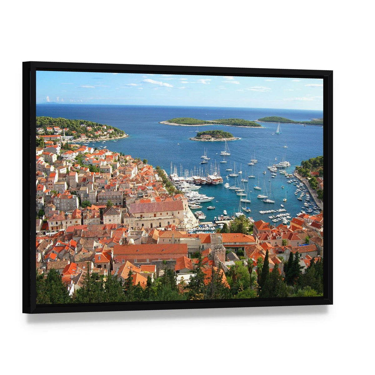 Old Harbor Town with Red Tile Roofs Canvas Wall Art, framed canvas in a black floater frame, angled product view