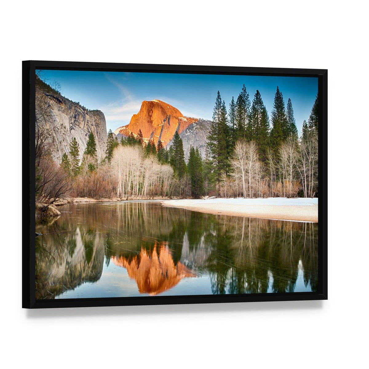 Half Dome Reflected in Merced River Canvas Wall Art, framed canvas in a black floater frame, angled product view