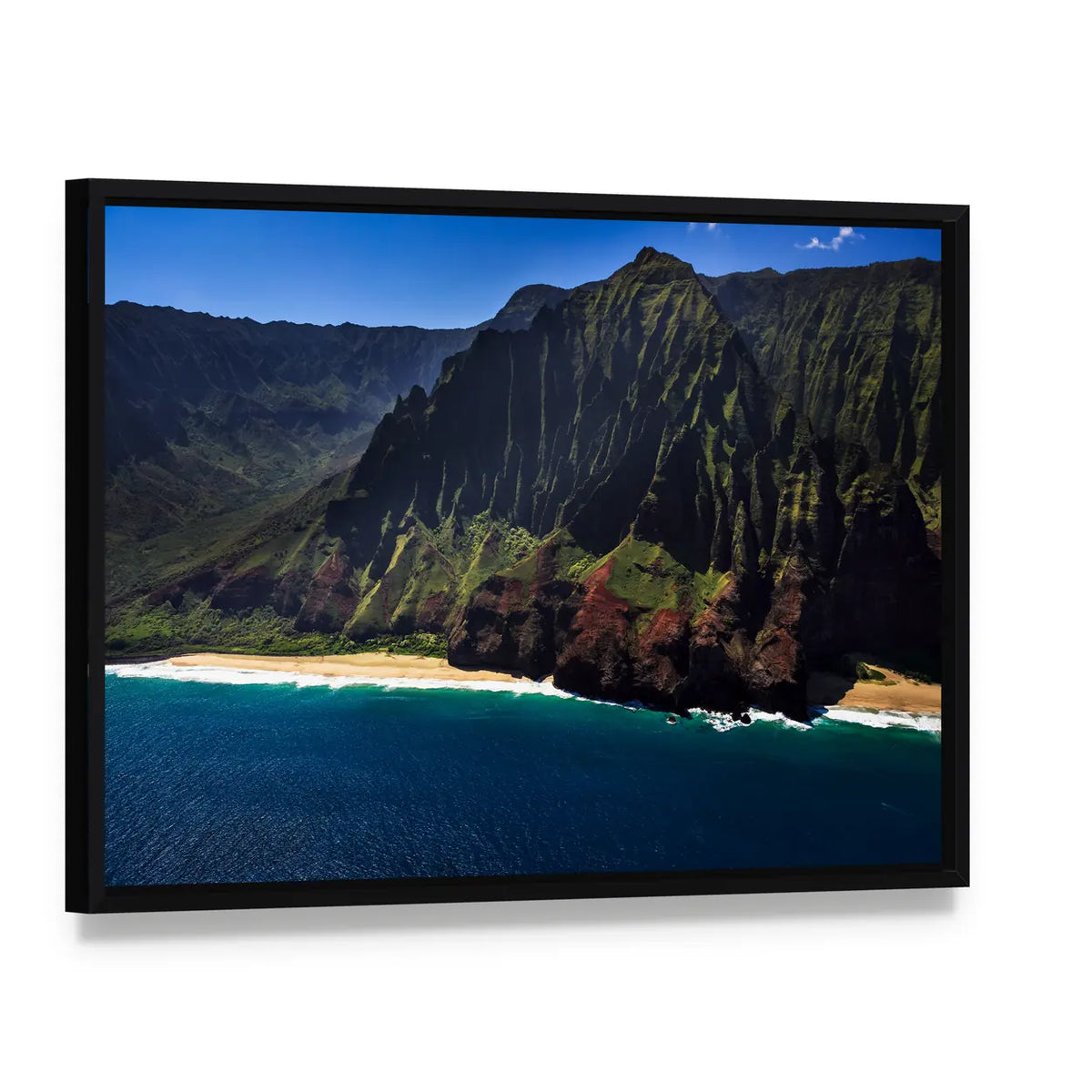 Remote Tropical Coastline Aerial View Canvas Wall Art, framed canvas in a black floater frame, angled product view