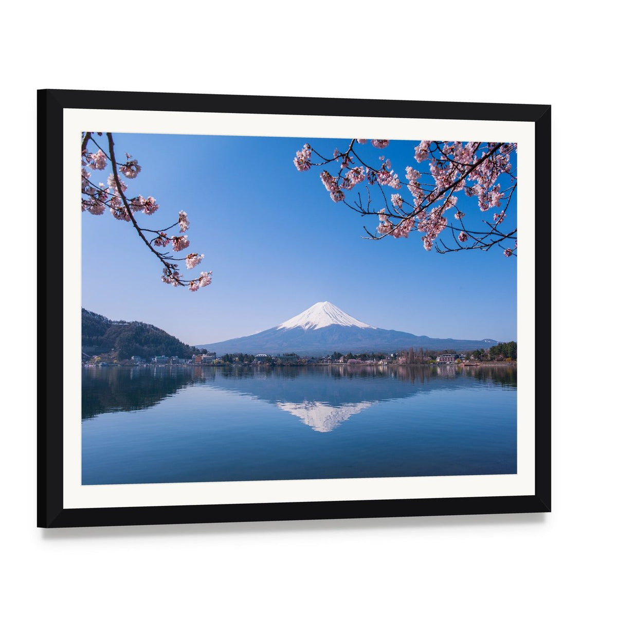 Mount Fuji and Cherry Tree Canvas Wall Art, framed print with white mat and black frame, angled product view