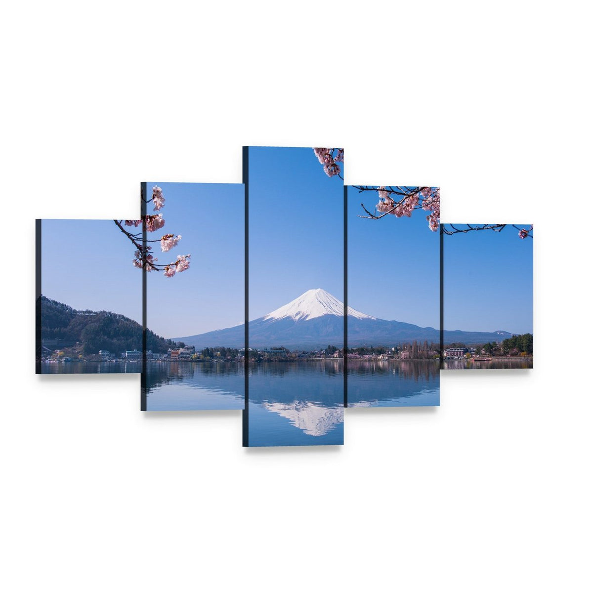 Mount Fuji and Cherry Tree Canvas Wall Art, 5 panel 5 Star layout gallery wrapped canvas set, angled product view