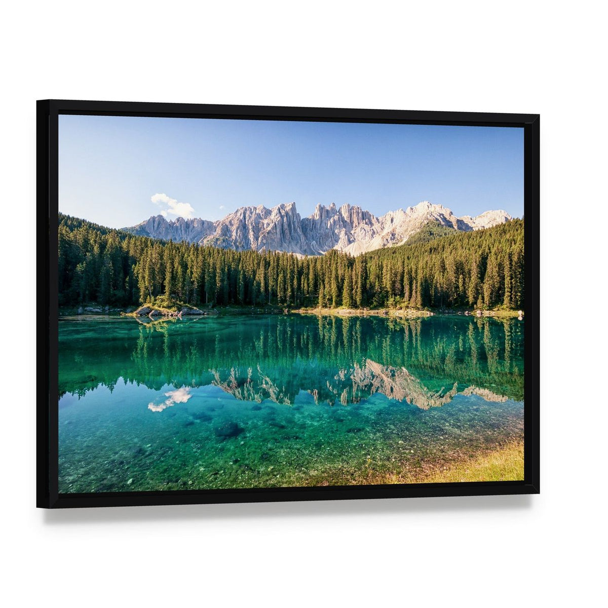 Karer Lake in Italy Canvas Wall Art, framed canvas in a black floater frame, angled product view