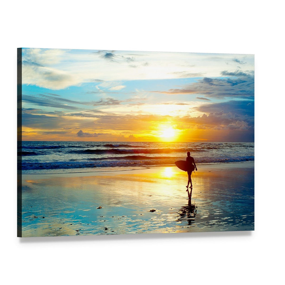 Surfer at Sunset on Bali Beach Canvas Wall Art, single panel gallery wrapped canvas, angled product view