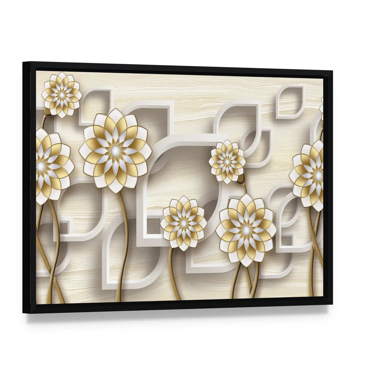 3d Gold and White Floral Illustration Canvas Wall Art, framed canvas in a black floater frame, angled product view