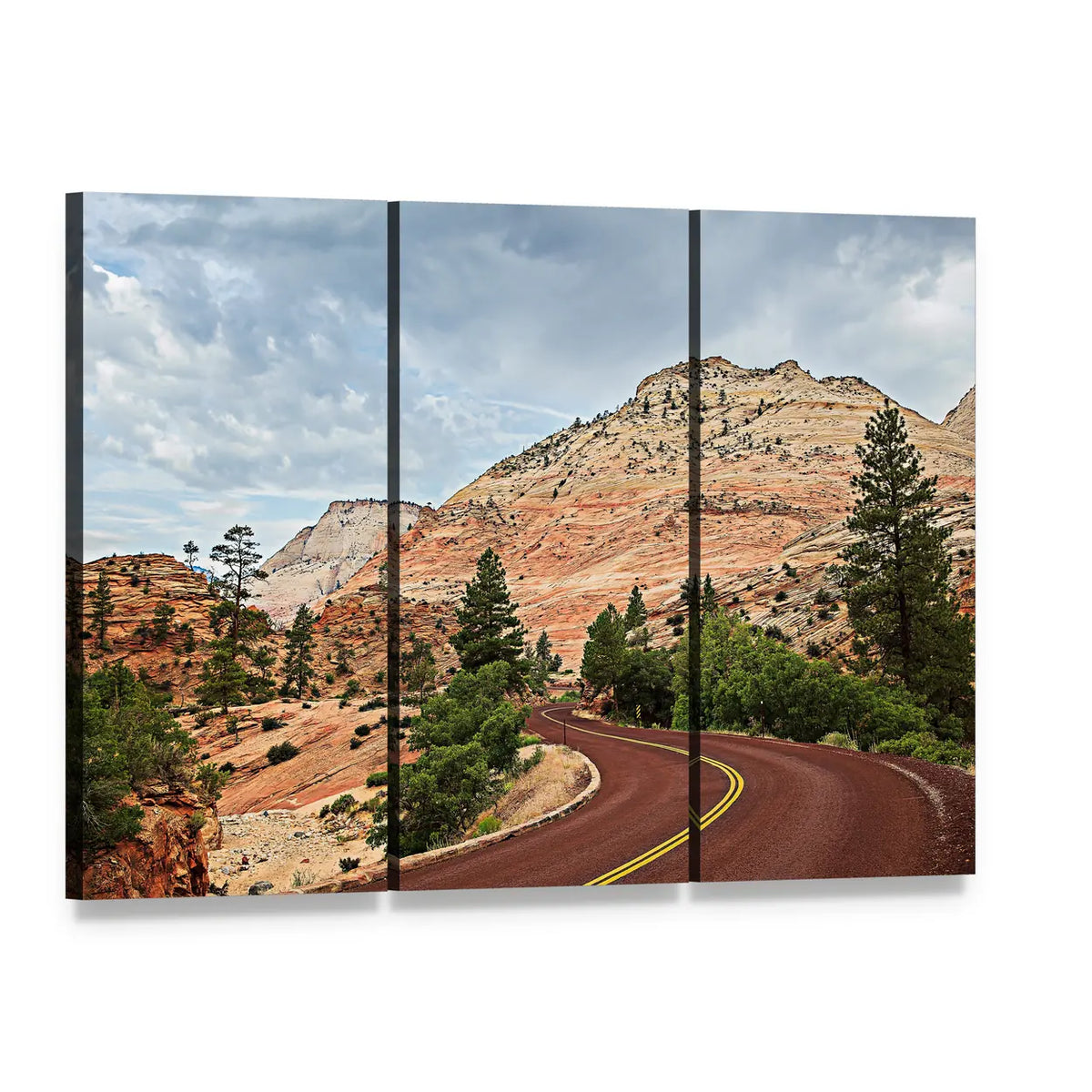 Curved Red Rock Road Canvas Wall Art, 3 panel 3 Horizontal layout gallery wrapped canvas set, angled product view