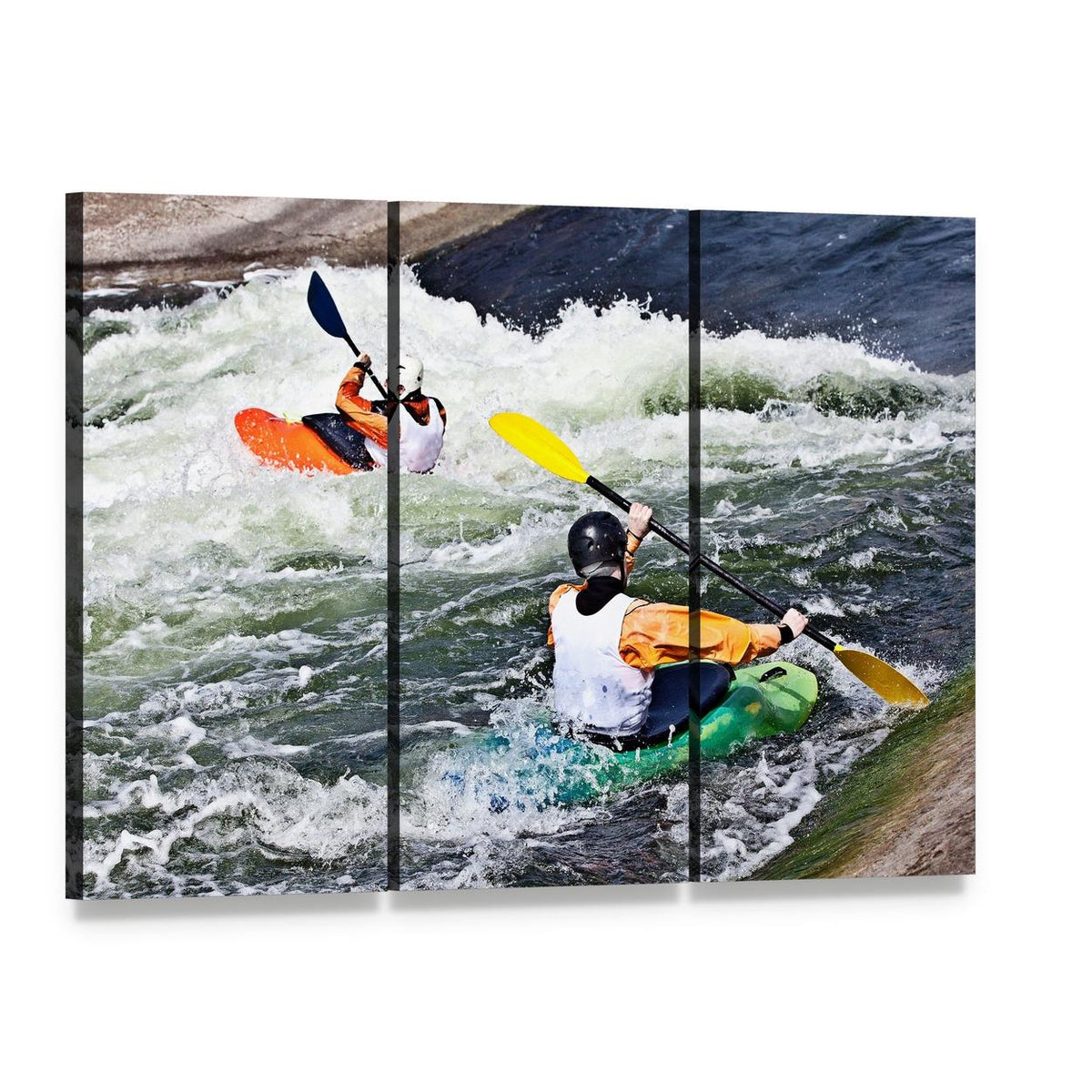 Active Kayakers Navigating Rapids Canvas Wall Art, 3 panel 3 Horizontal layout gallery wrapped canvas set, angled product view