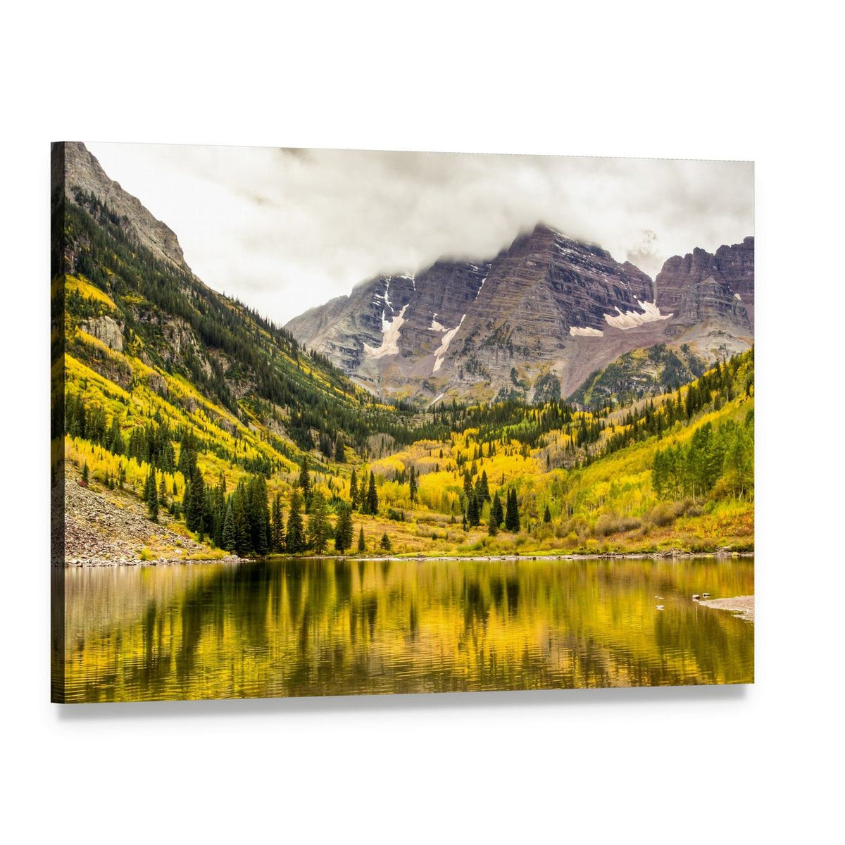 Serene Autumn Lake with Snow-capped Mountains Canvas Wall Art, single panel gallery wrapped canvas, angled product view