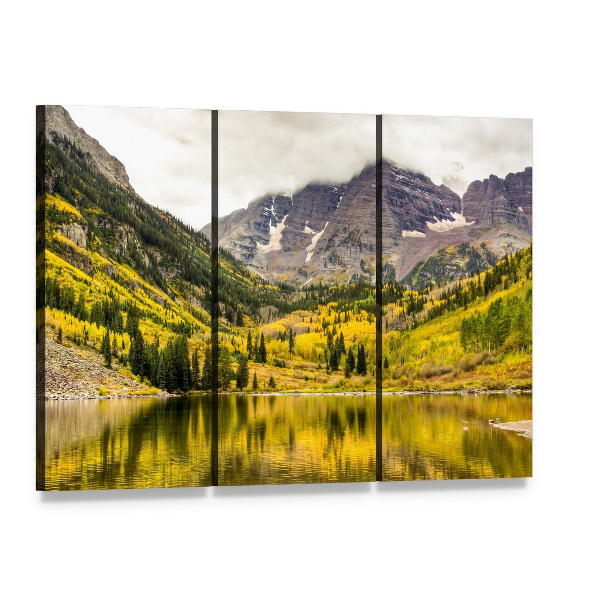 Serene Autumn Lake with Snow-capped Mountains Canvas Wall Art, 3 panel 3 Horizontal layout gallery wrapped canvas set, angled product view