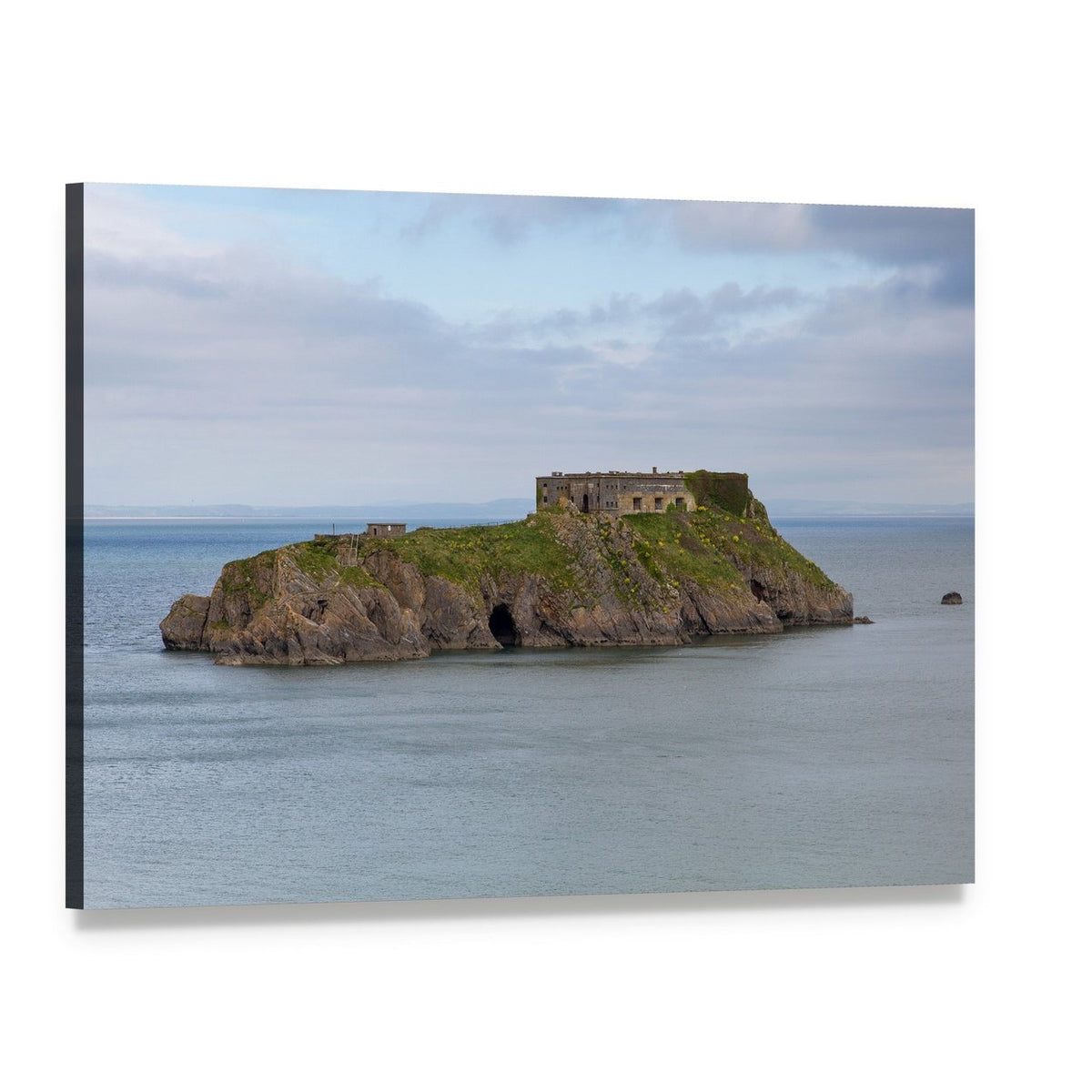 Island with Castle Ruins and Cloudy Sky Canvas Wall Art, single panel gallery wrapped canvas, angled product view