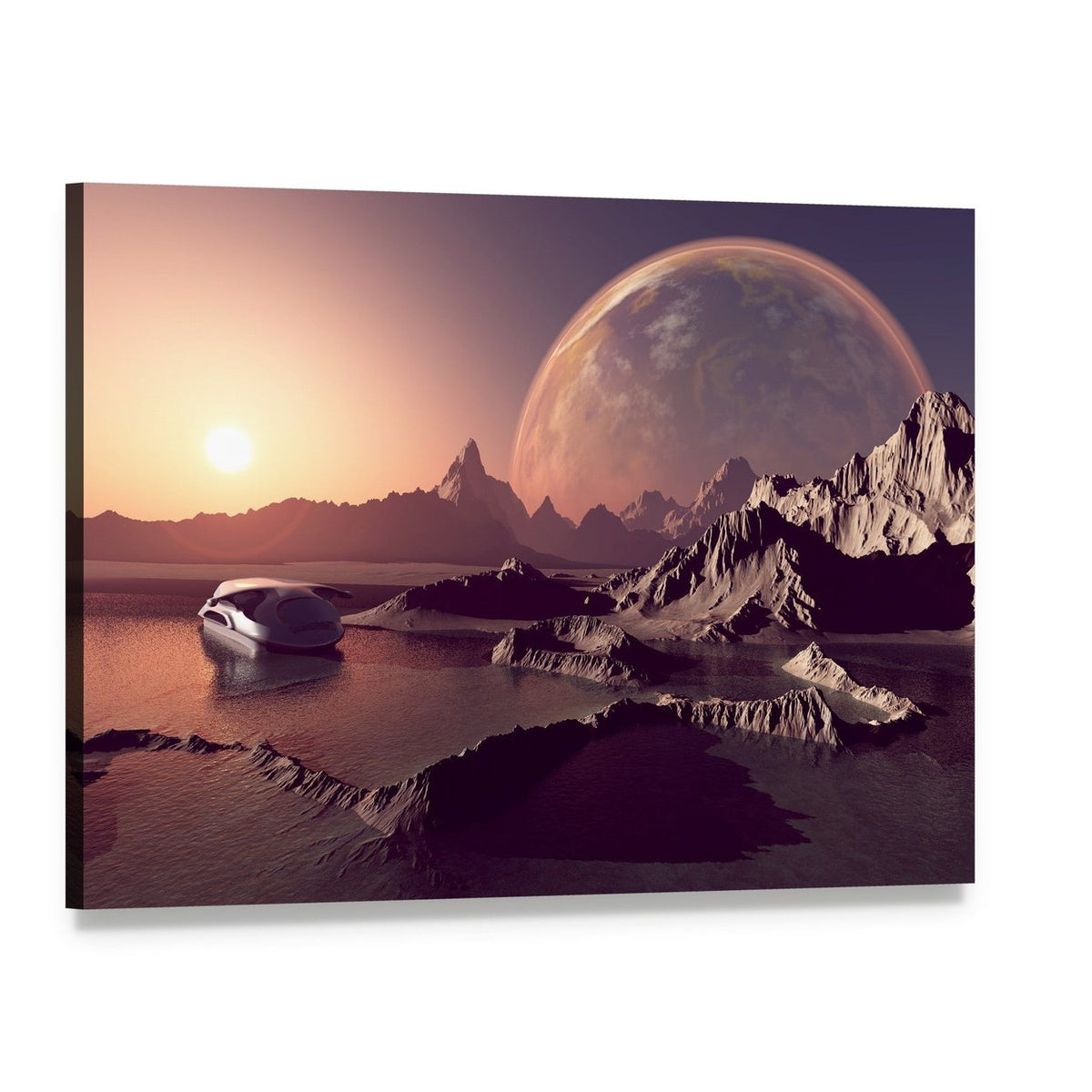 Spacecraft Over the Alien Planet Canvas Wall Art, single panel gallery wrapped canvas, angled product view