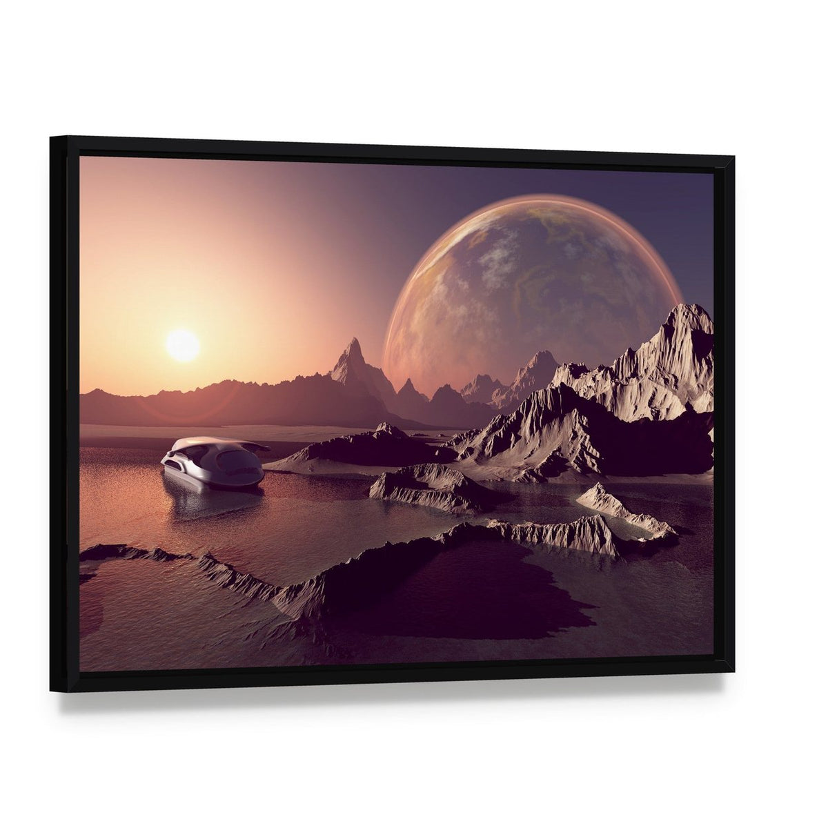 Spacecraft Over the Alien Planet Canvas Wall Art, framed canvas in a black floater frame, angled product view