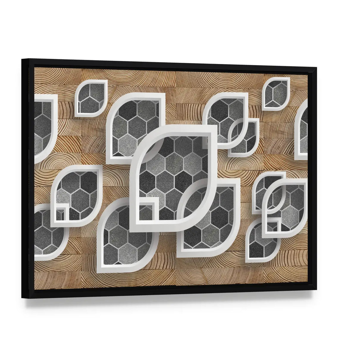 Layered Geometric Leaves with Wood Grain Canvas Wall Art, framed canvas in a black floater frame, angled product view