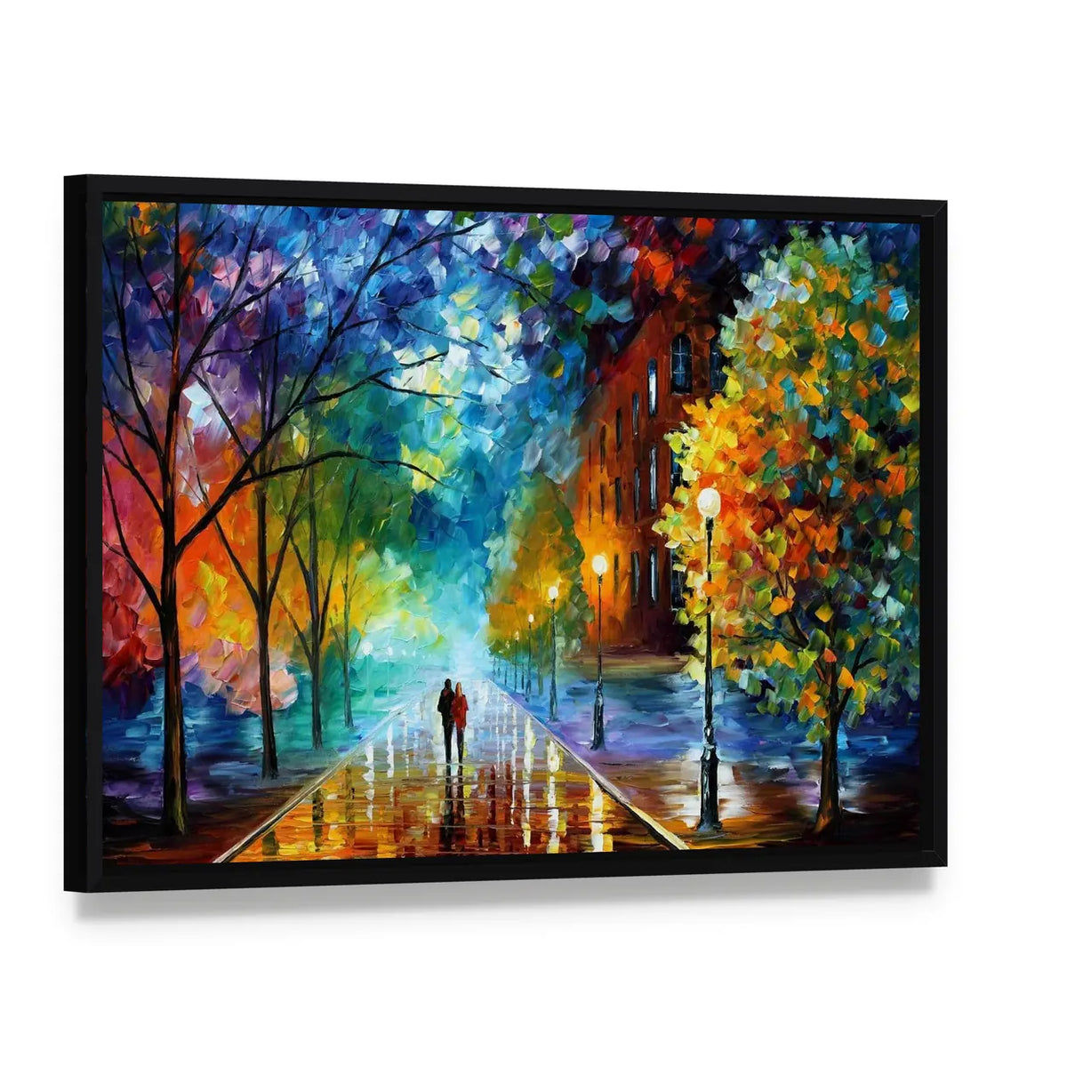 Abstract Couple Walking in Rainy City Canvas Wall Art, framed canvas in a black floater frame, angled product view