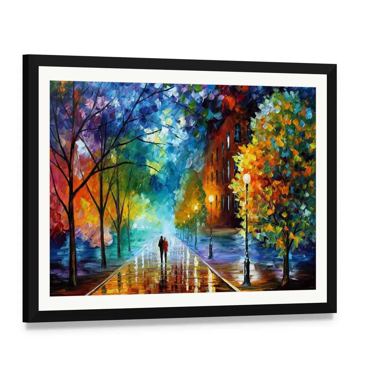 Abstract Couple Walking in Rainy City Canvas Wall Art, framed print with white mat and black frame, angled product view