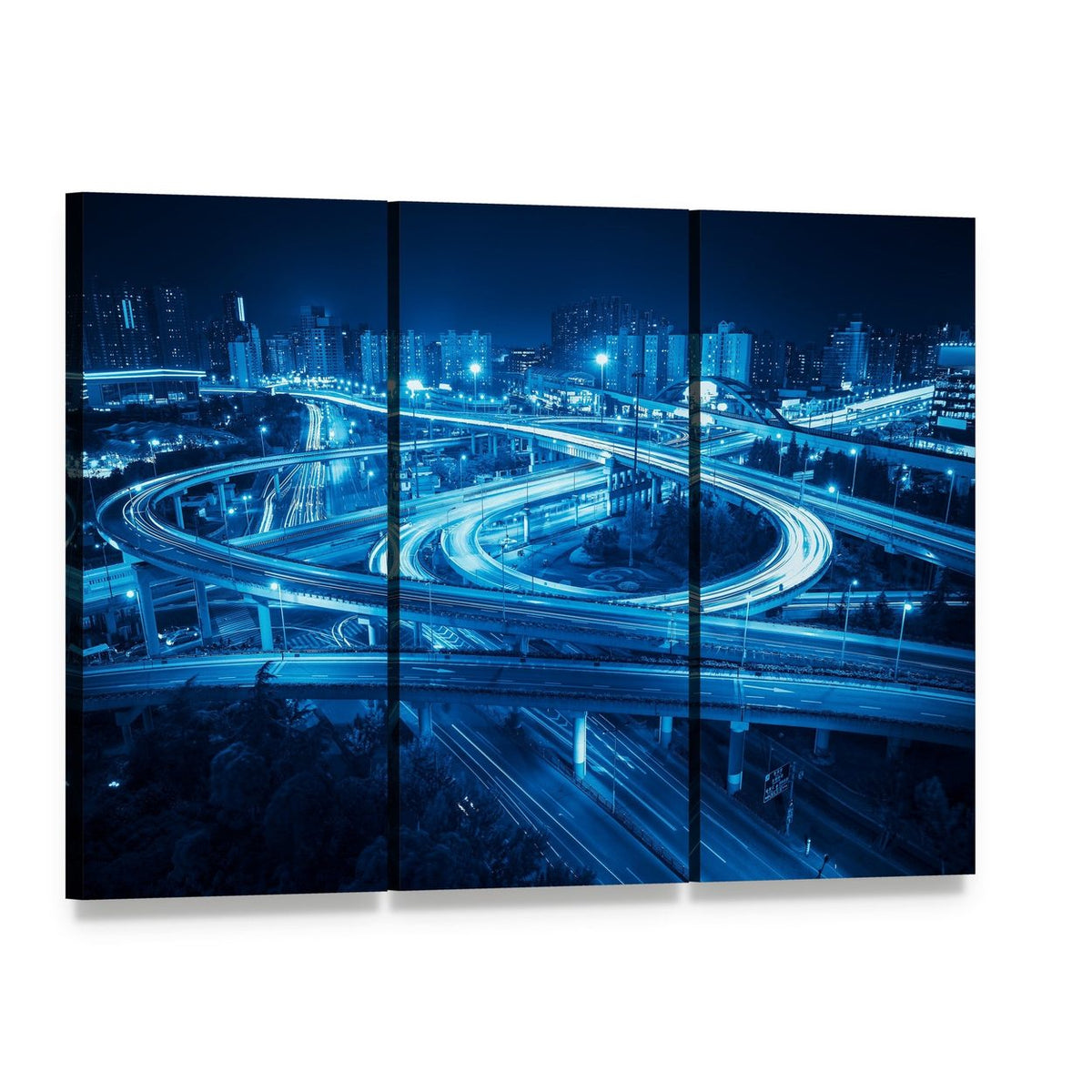 Shanghai Night Highway Interchange Canvas Wall Art, 3 panel 3 Horizontal layout gallery wrapped canvas set, angled product view